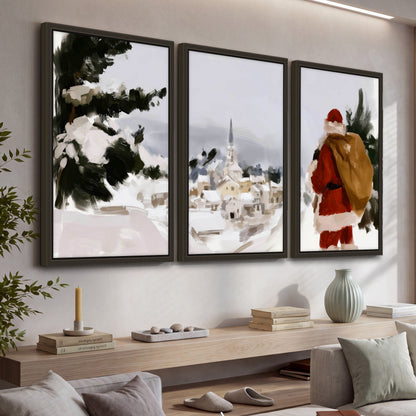 Santa Claus snowy village painting 3 piece framed canvas in a living room above a console