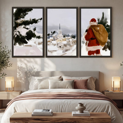 Santa Claus snowy village painting 3 piece framed canvas in a bedroom above the bed