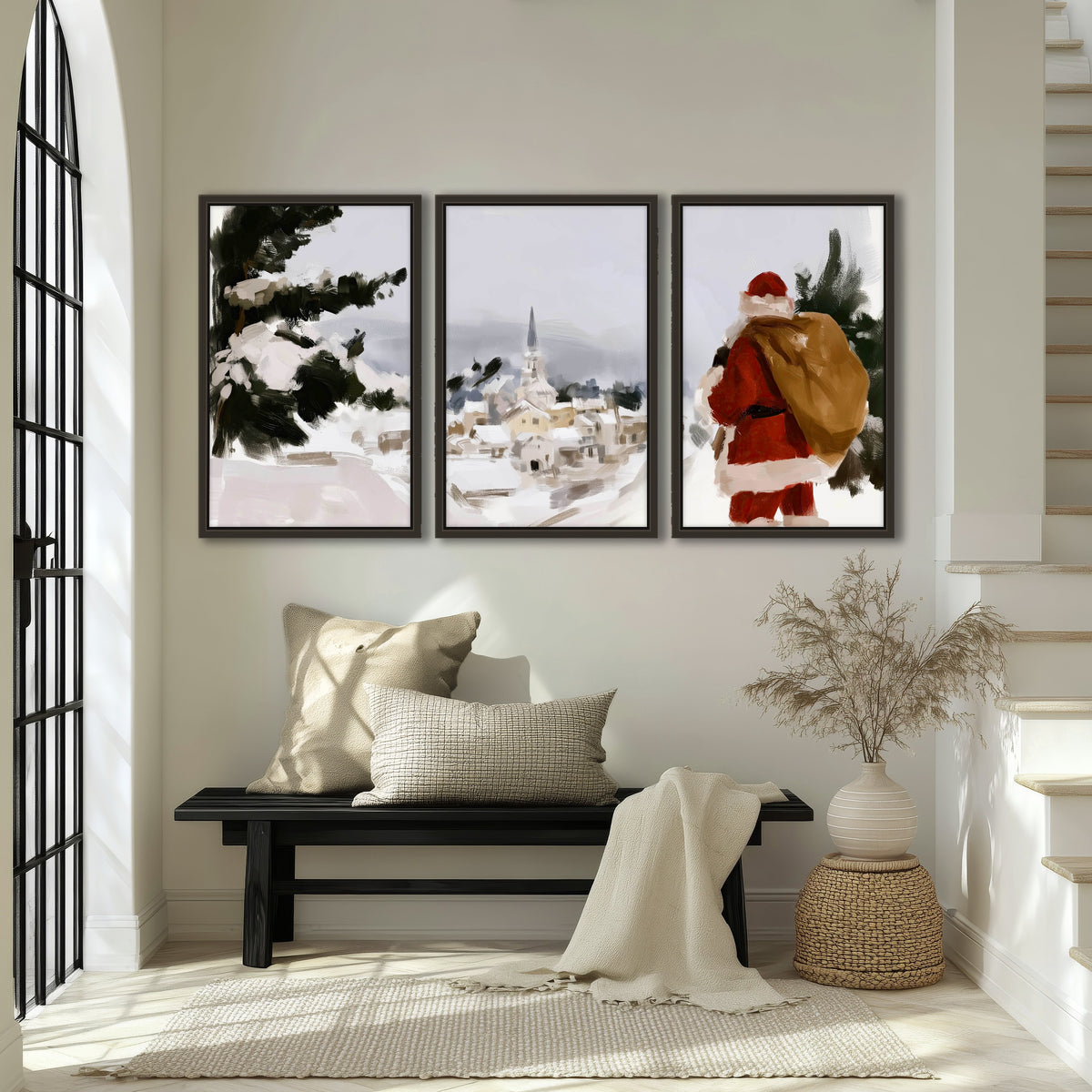 Santa Claus snowy village painting 3 piece framed canvas in an entryway above a bench