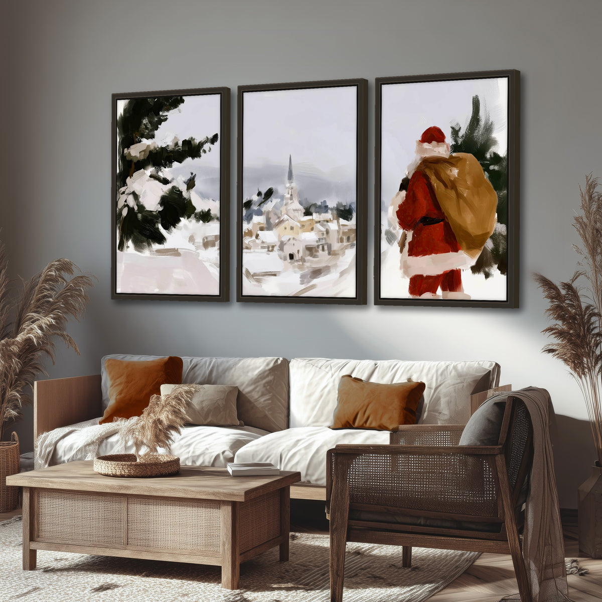 Santa Claus snowy village painting 3 piece framed canvas in a rustic living room