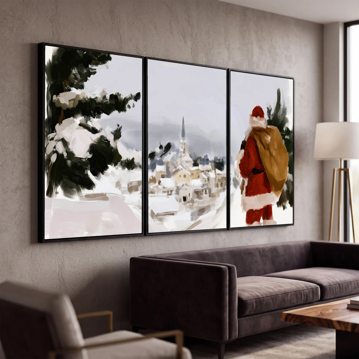 Santa Claus snowy village painting 3 piece framed canvas in a modern living room