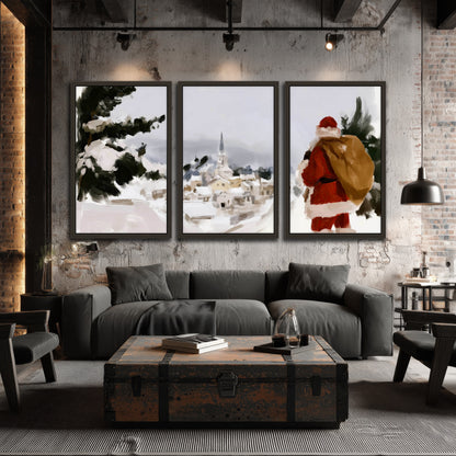 Santa Claus snowy village painting 3 piece framed canvas in an industrial loft