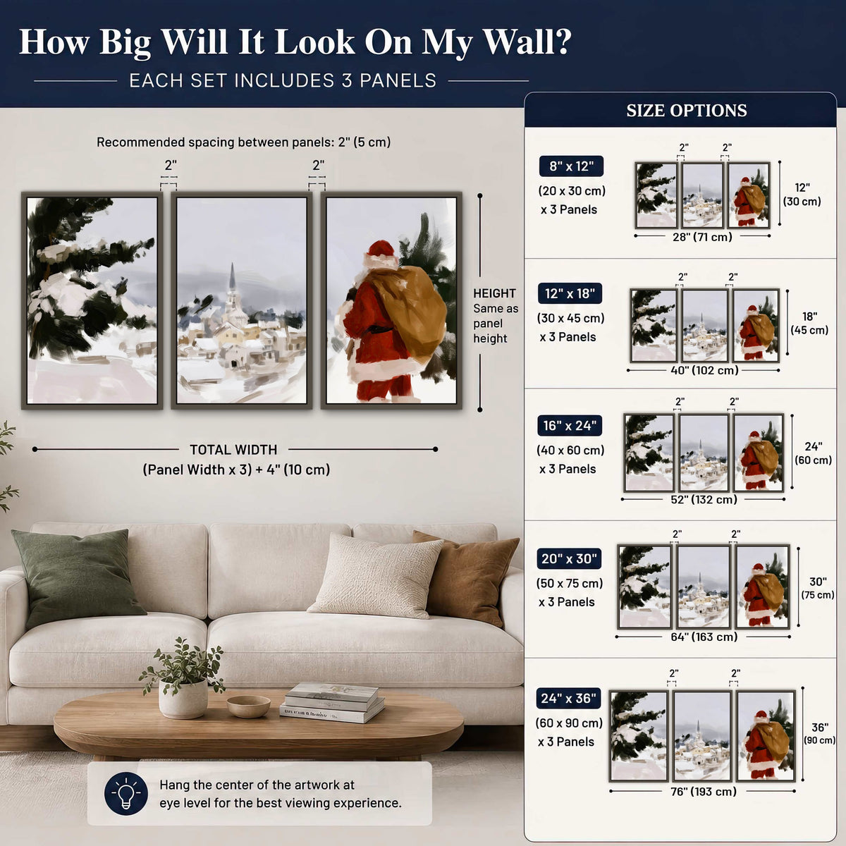 Santa Claus snowy village painting 3 piece framed canvas size guide above a sofa