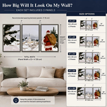 Santa Claus snowy village painting 3 piece framed canvas size guide above a sofa