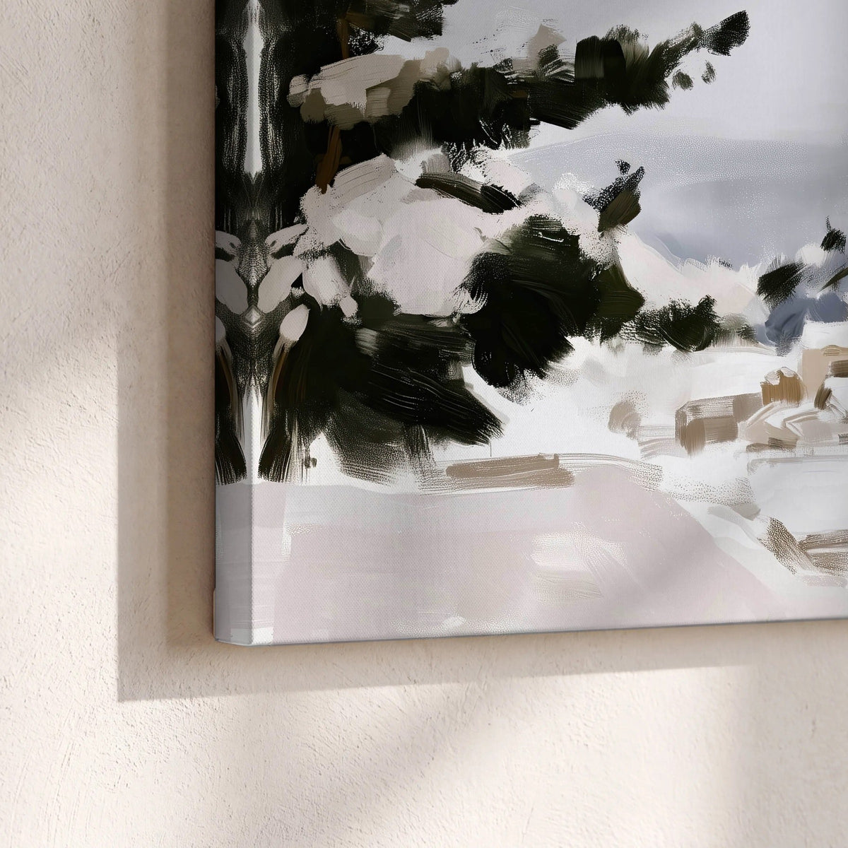 Santa Claus snowy village painting canvas print close-up showing the gallery-wrapped edge