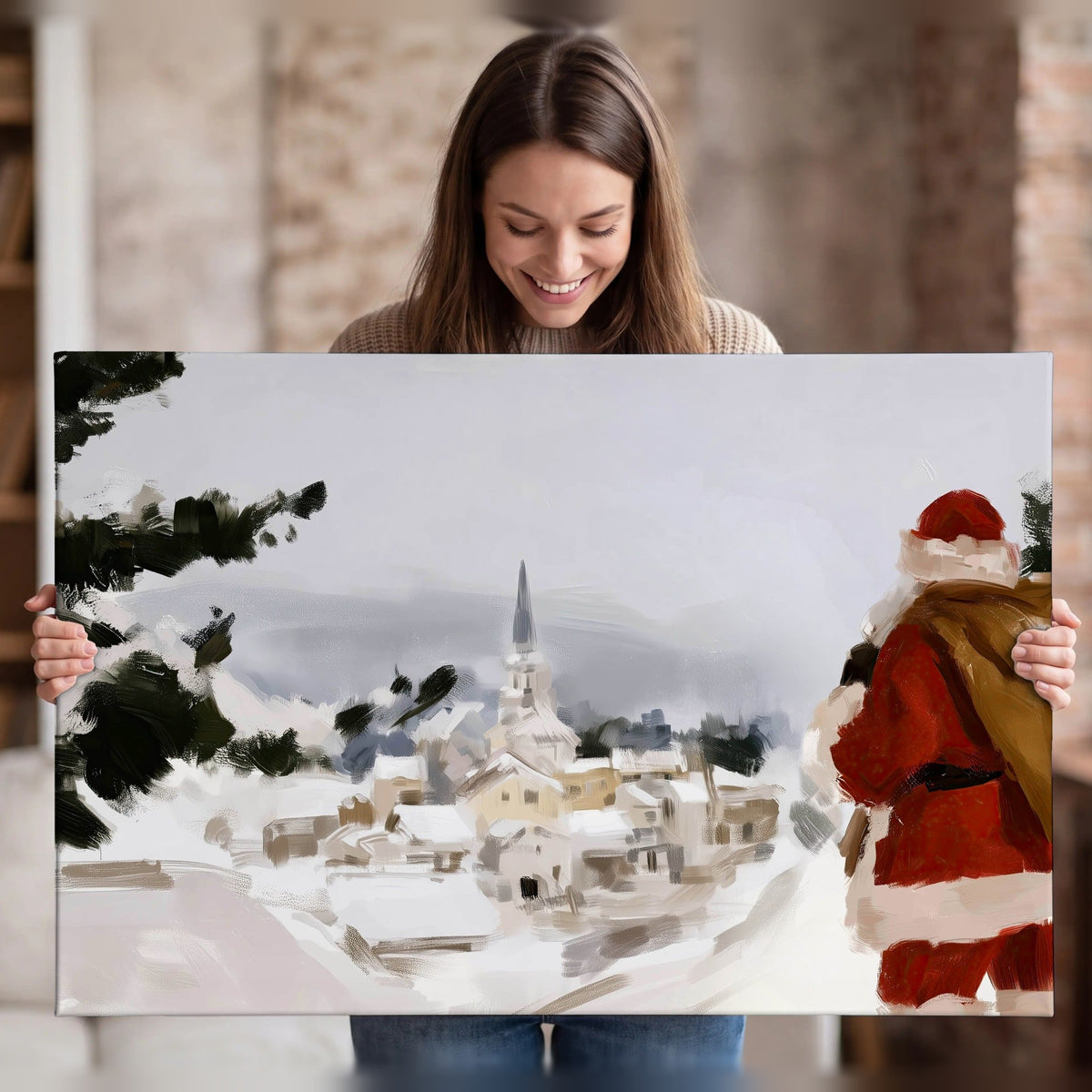 Santa Claus snowy village painting canvas wall art held in hands