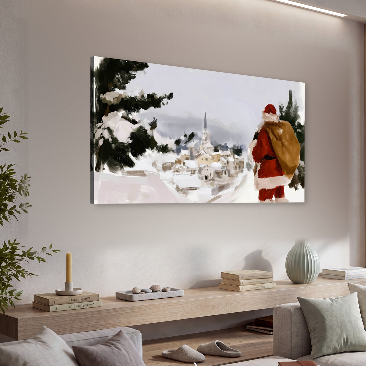 Santa Claus snowy village painting canvas wall art in a living room above a console