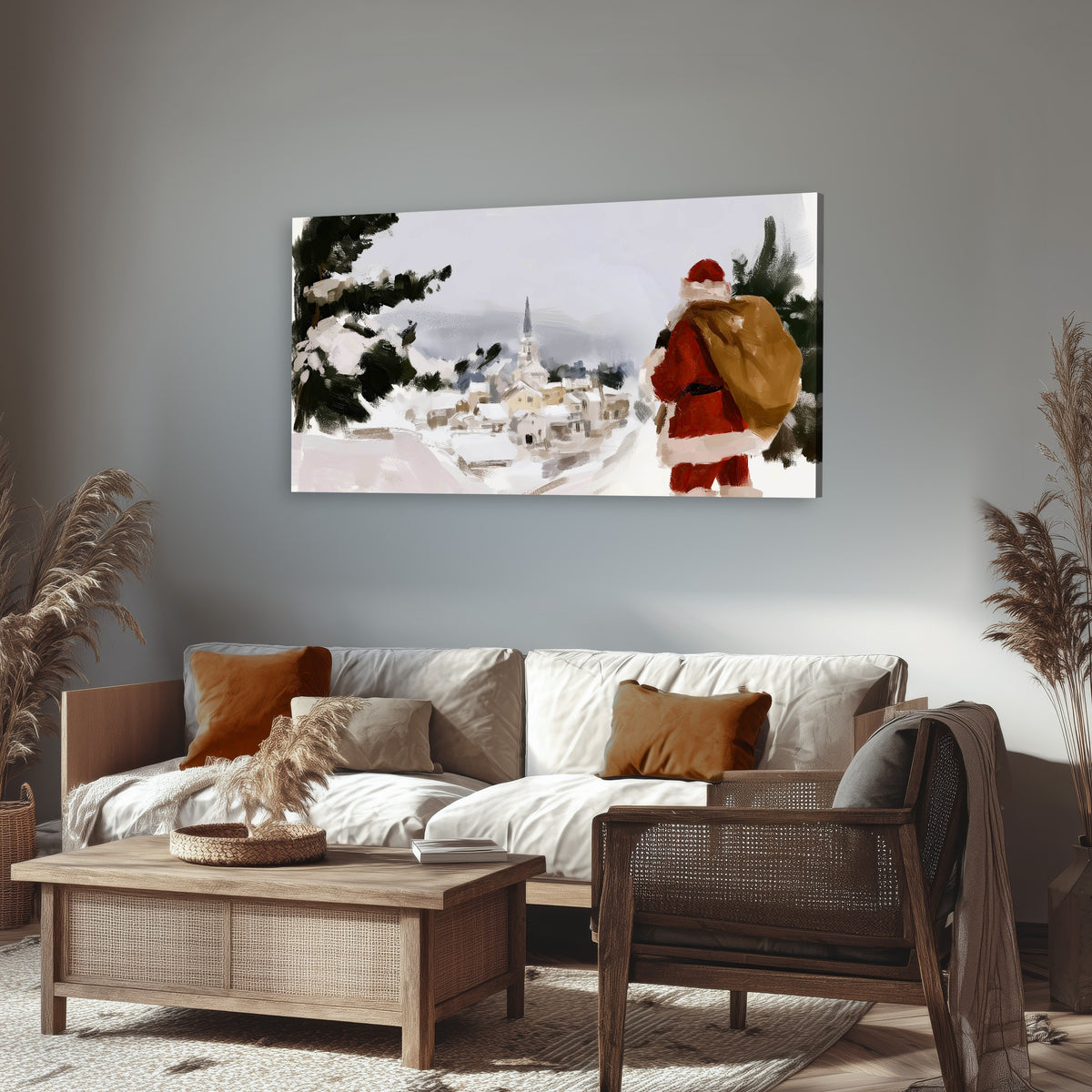 Santa Claus snowy village painting canvas wall art in a rustic living room