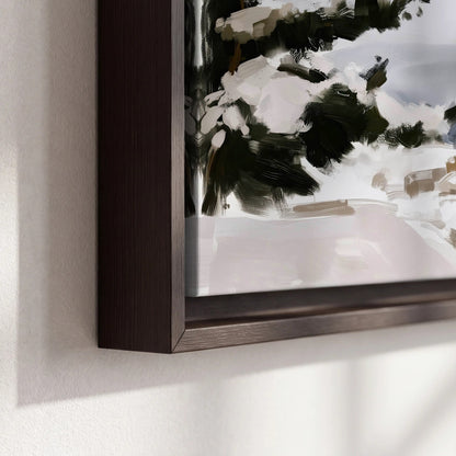 Santa Claus snowy village painting framed canvas close-up showing the floating frame