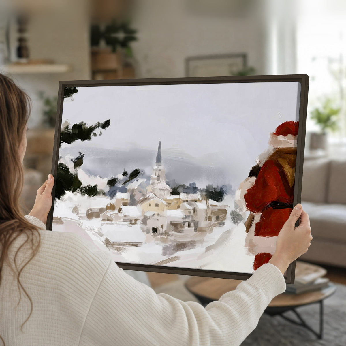 Santa Claus snowy village painting framed canvas held in hands