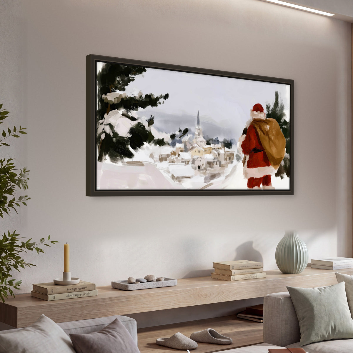 Santa Claus snowy village painting framed canvas wall art in a living room above a console