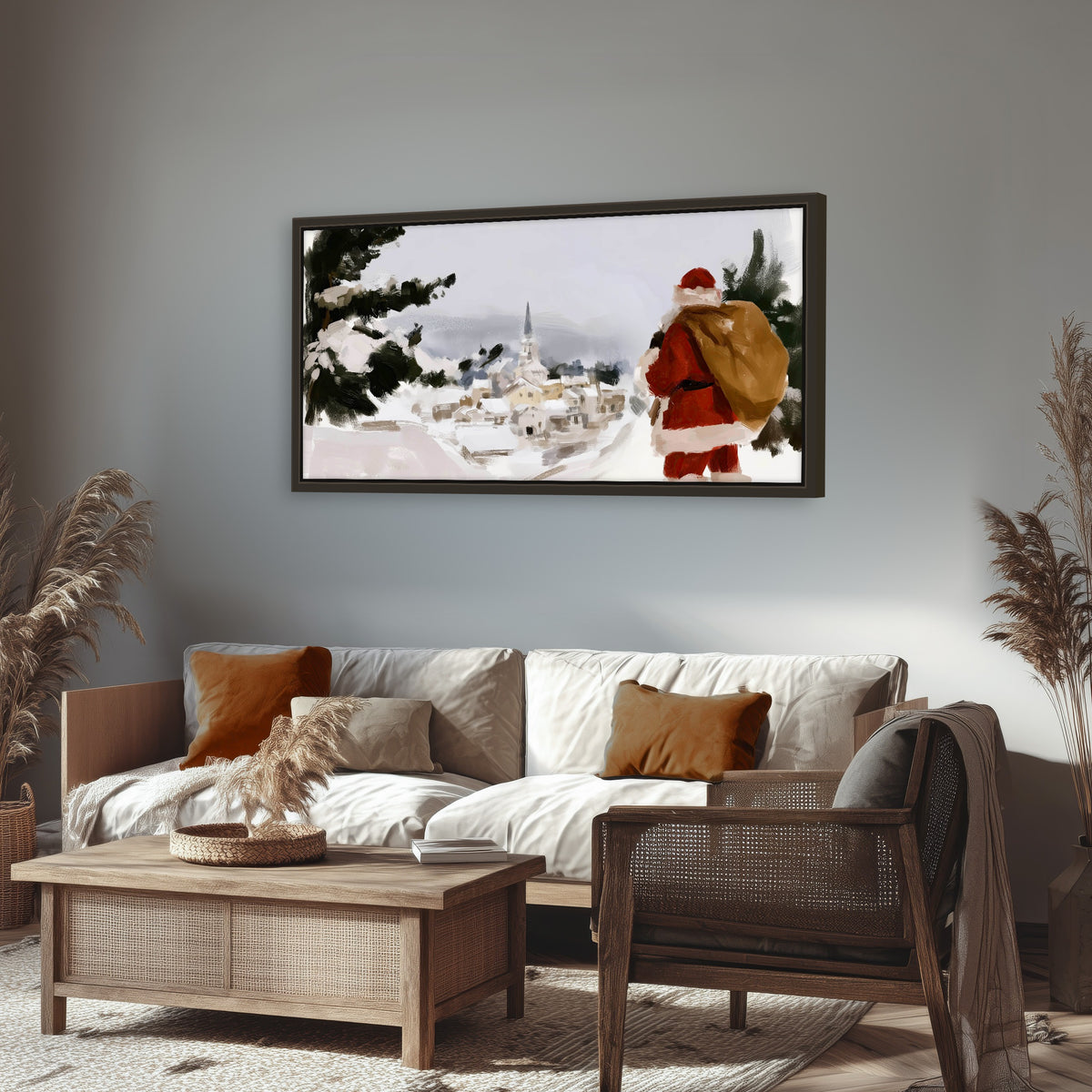 Santa Claus snowy village painting framed canvas wall art in a rustic living room