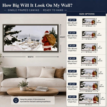 Santa Claus snowy village painting framed canvas wall art size guide above a sofa