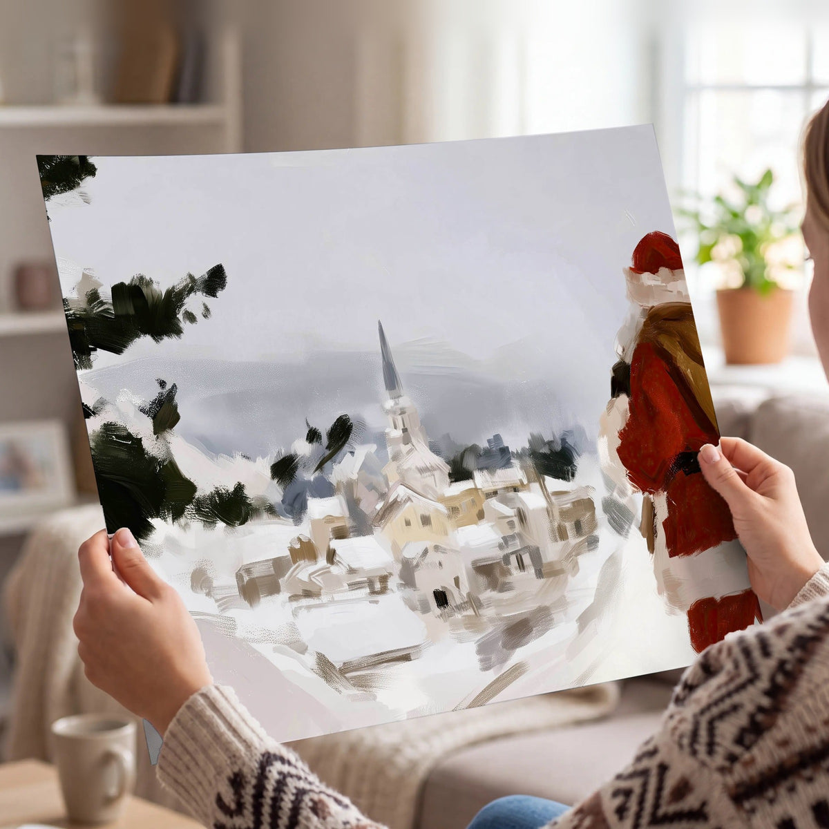 Santa Claus snowy village painting poster print held in hands