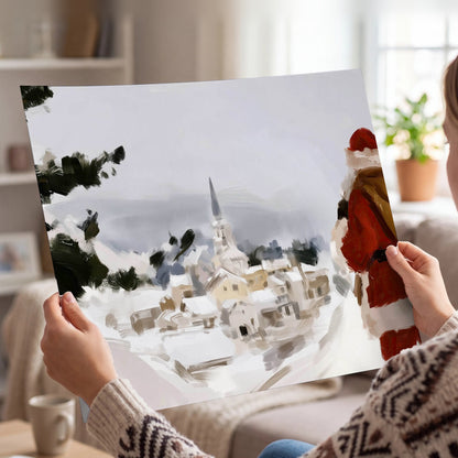 Santa Claus snowy village painting poster print held in hands