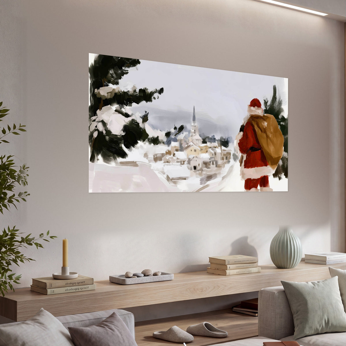 Santa Claus snowy village painting poster print in a living room above a console