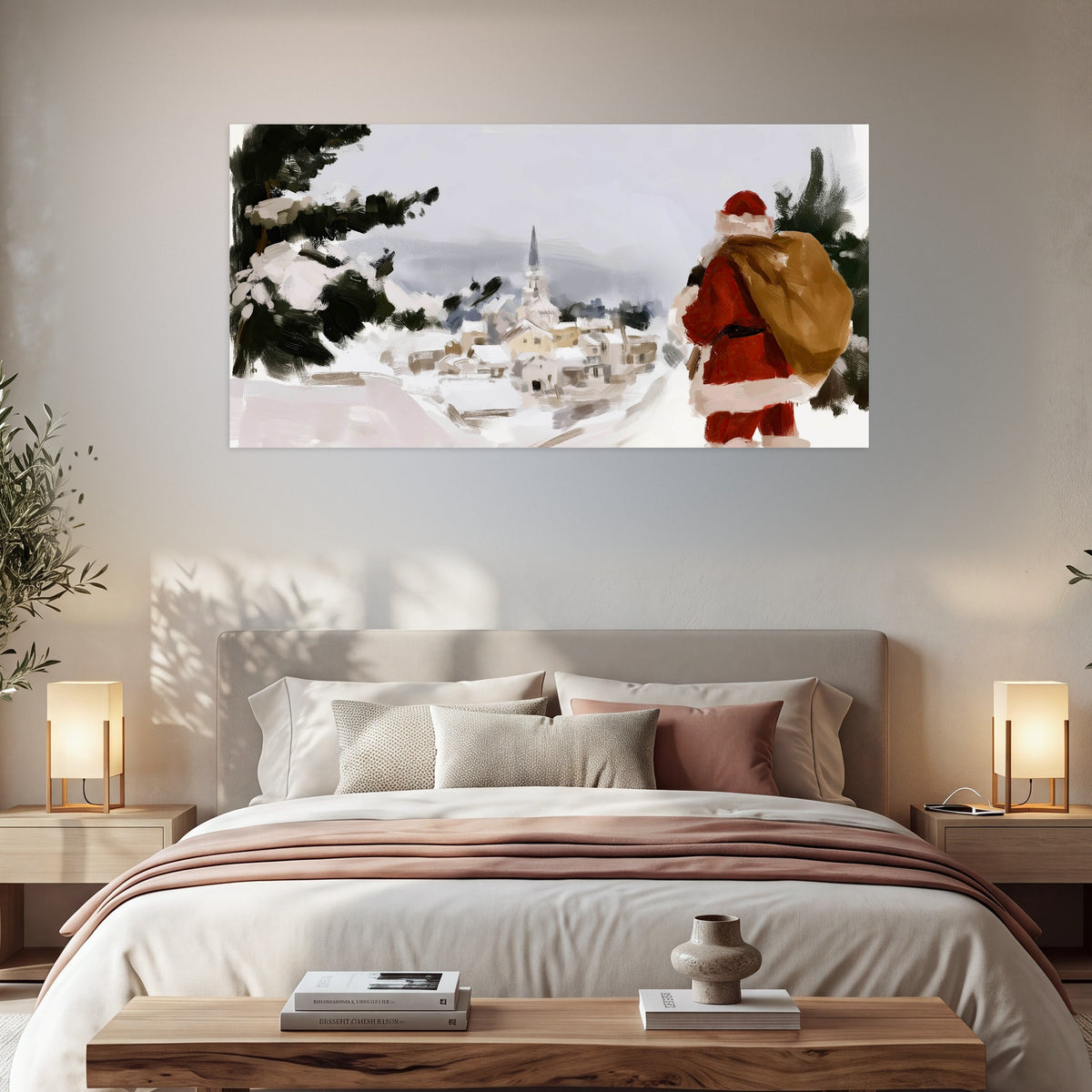 Santa Claus snowy village painting poster print in a bedroom above the bed