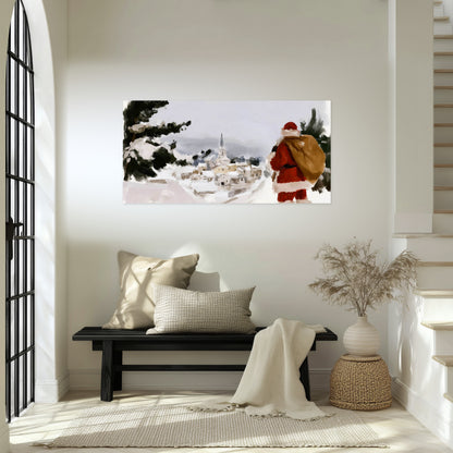 Santa Claus snowy village painting poster print in an entryway above a bench