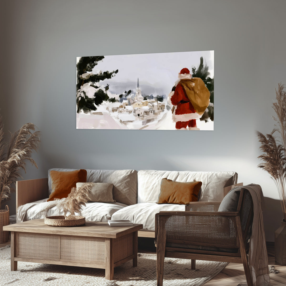 Santa Claus snowy village painting poster print in a rustic living room