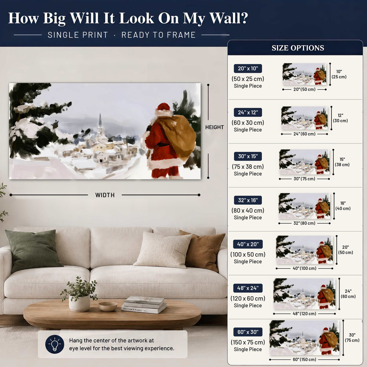 Santa Claus snowy village painting poster print size guide above a sofa