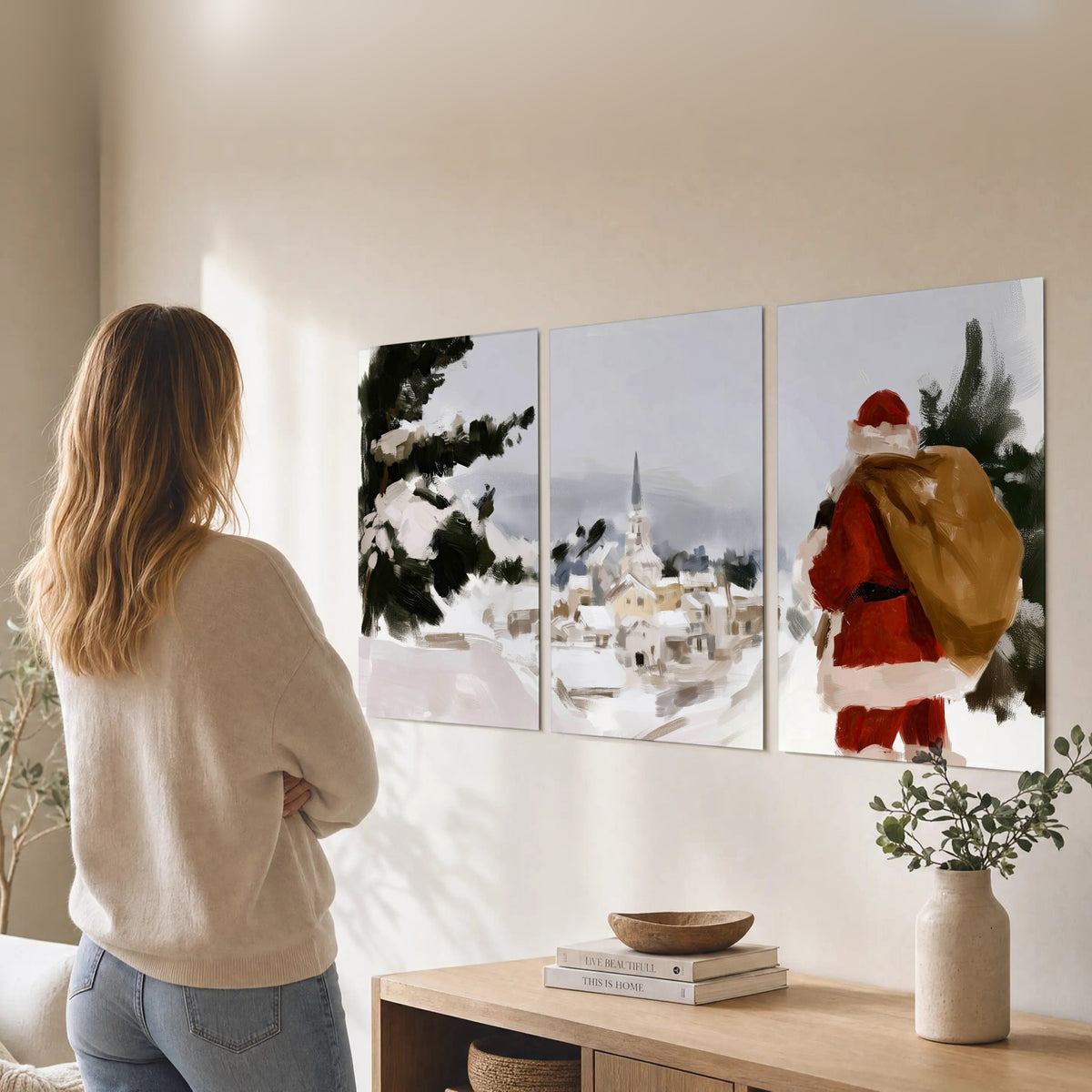 Santa Claus snowy village painting set of 3 poster prints in a living room