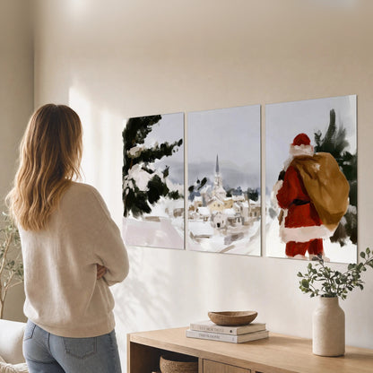 Santa Claus snowy village painting set of 3 poster prints in a living room
