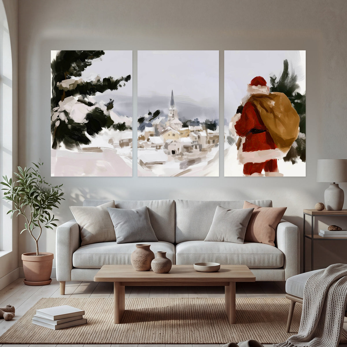 Santa Claus snowy village painting set of 3 poster prints in a bright living room