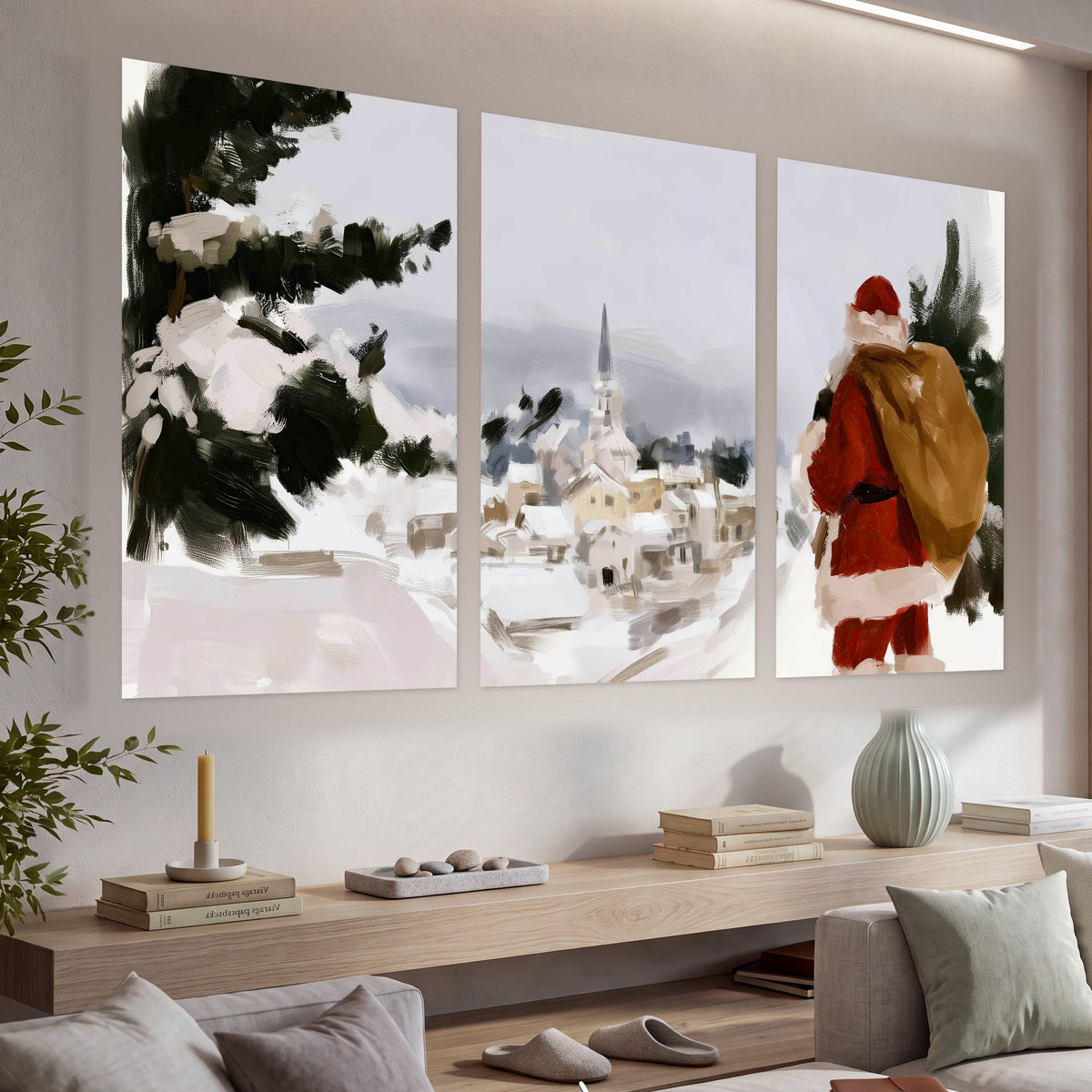 Santa Claus snowy village painting set of 3 poster prints in a living room above a console