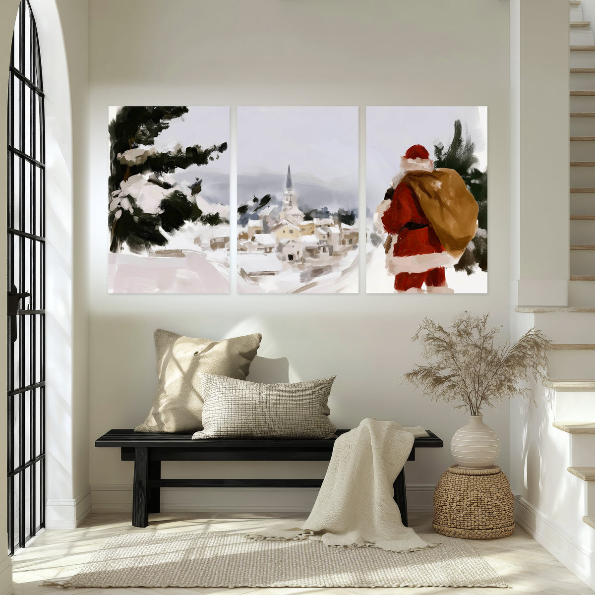 Santa Claus snowy village painting set of 3 poster prints in an entryway above a bench