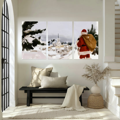 Santa Claus snowy village painting set of 3 poster prints in an entryway above a bench