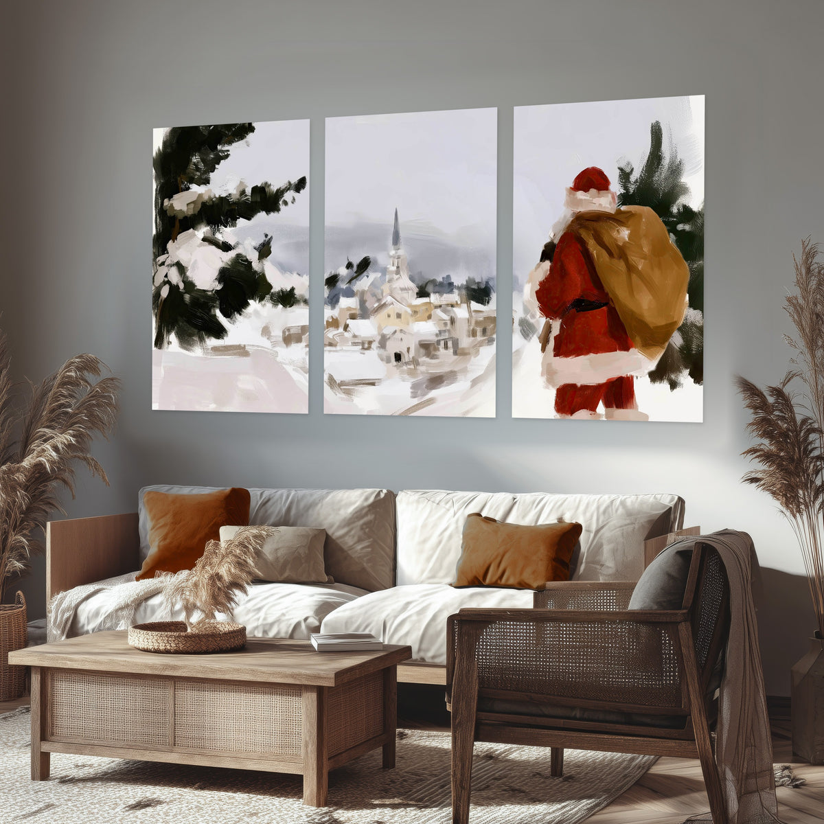 Santa Claus snowy village painting set of 3 poster prints in a rustic living room