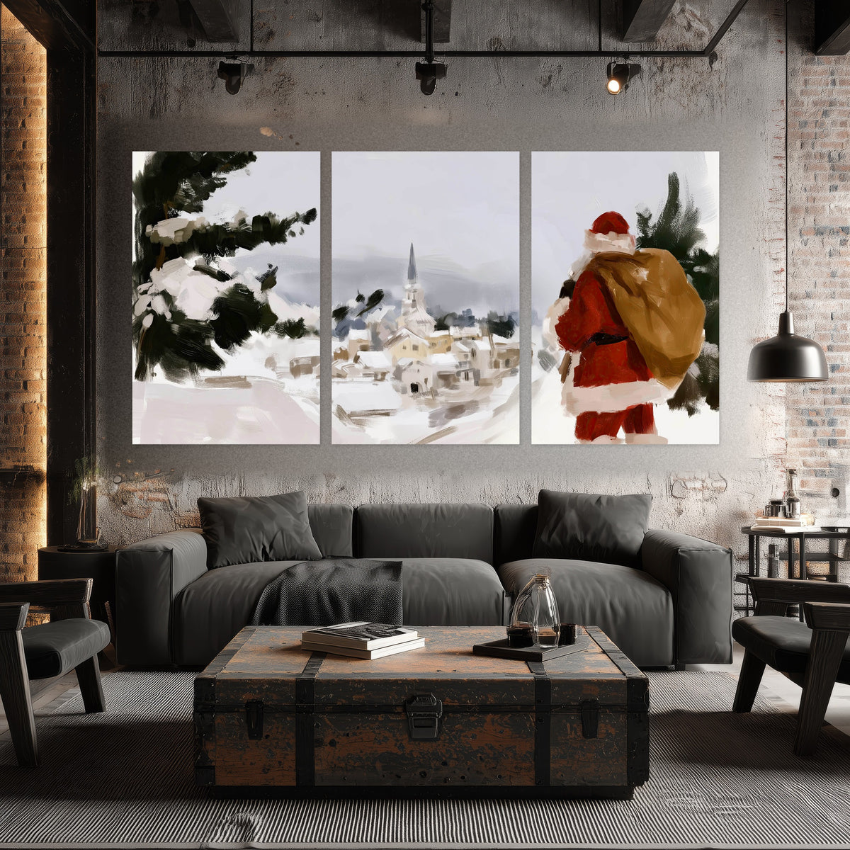 Santa Claus snowy village painting set of 3 poster prints in an industrial loft