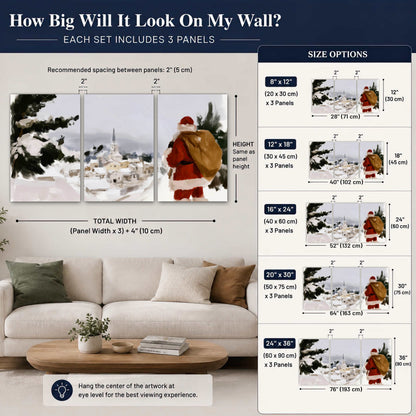 Santa Claus snowy village painting set of 3 poster prints size guide above a sofa