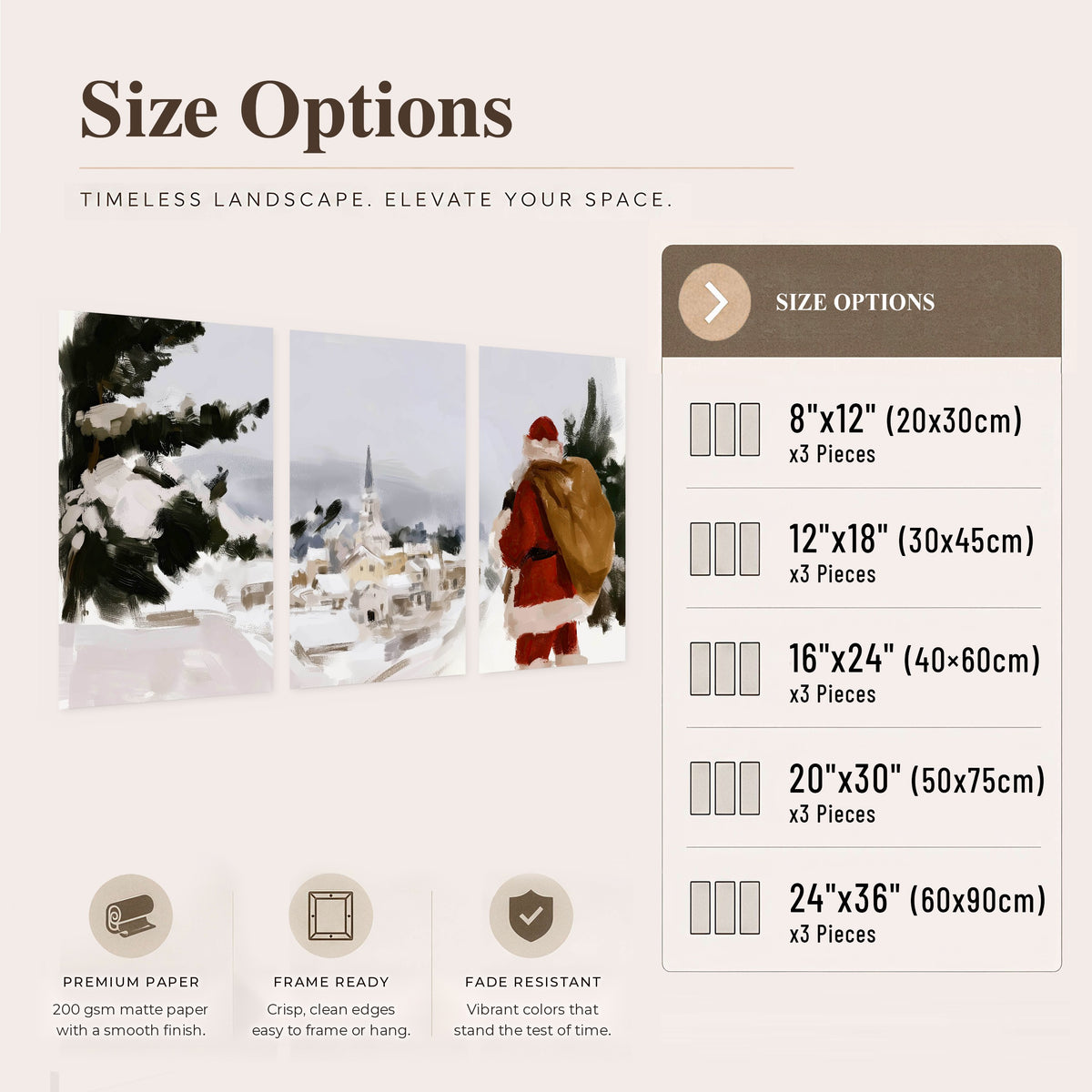 Santa Claus snowy village painting set of 3 poster prints size options