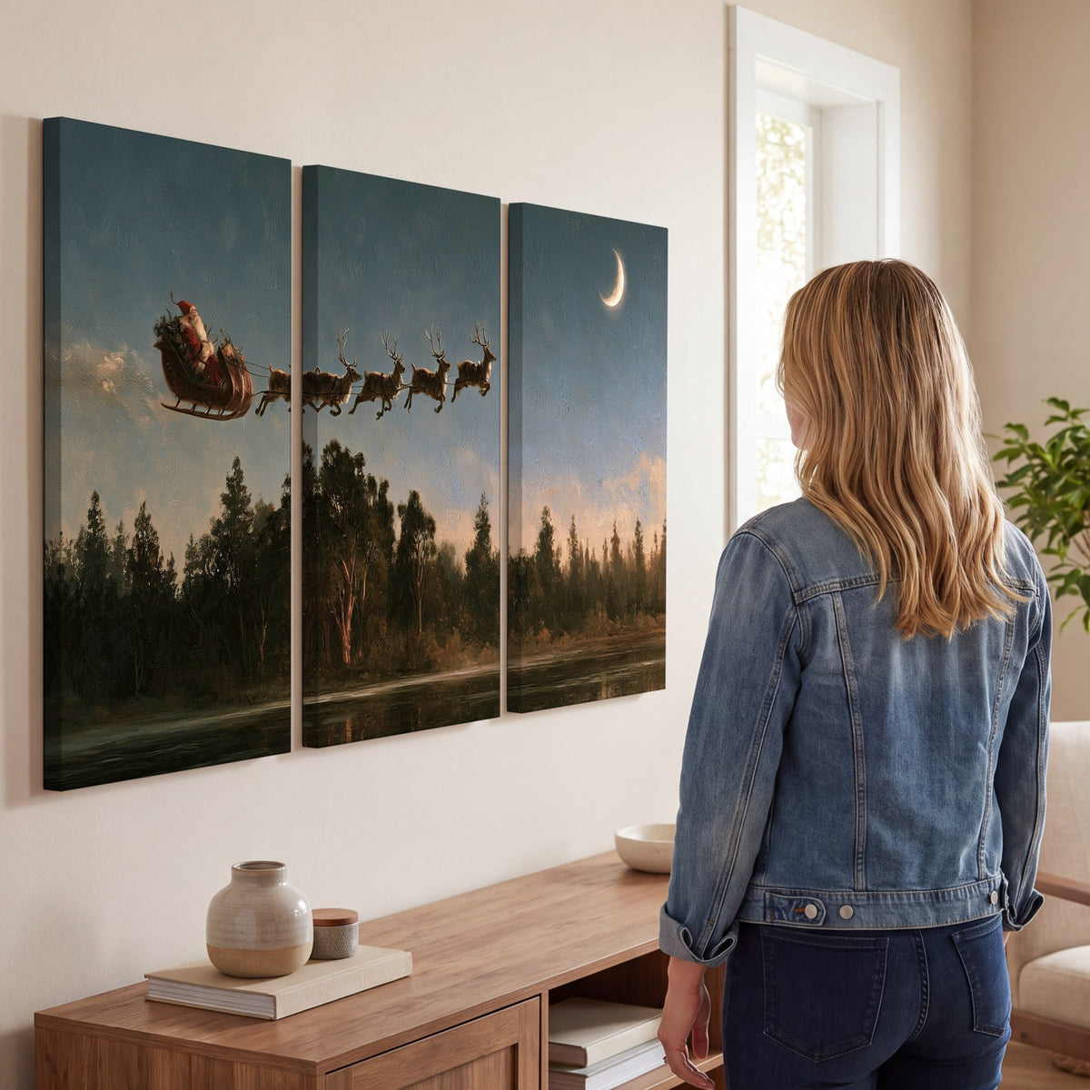 Santa sleigh at dusk painting 3 piece canvas wall art in a living room