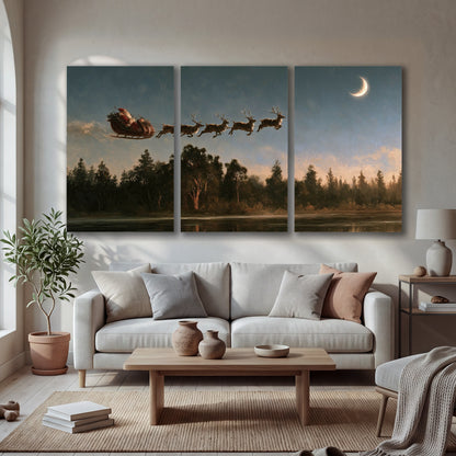 Santa sleigh at dusk painting 3 piece canvas wall art in a bright living room