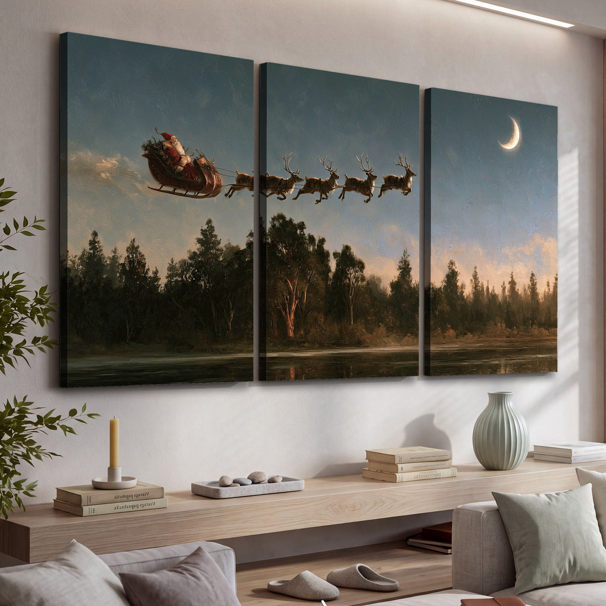 Santa sleigh at dusk painting 3 piece canvas wall art in a living room above a console