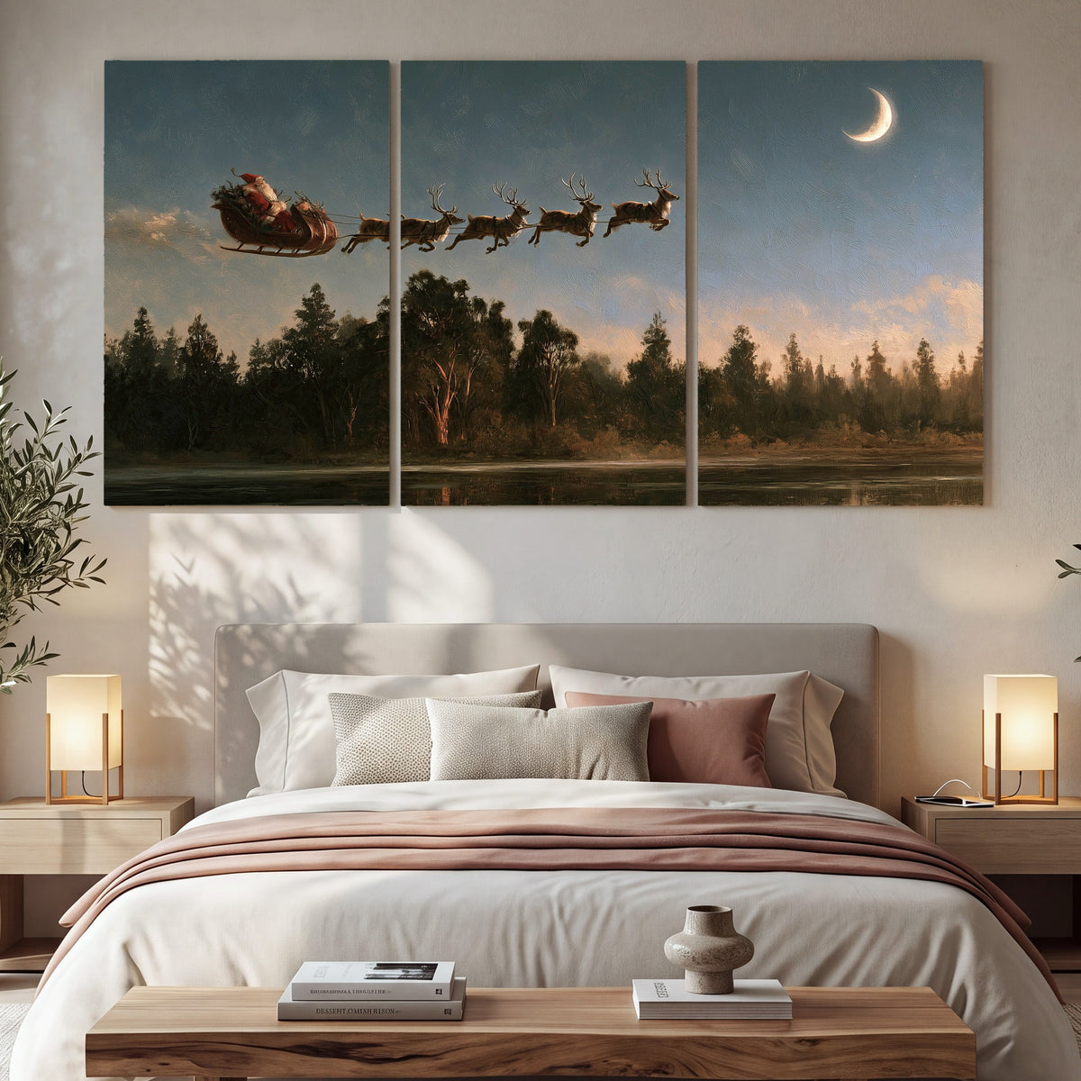 Santa sleigh at dusk painting 3 piece canvas wall art in a bedroom above the bed