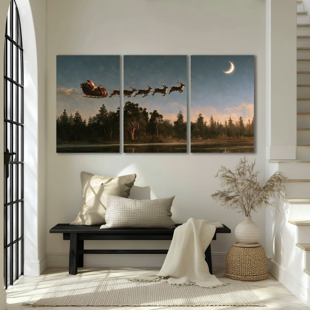 Santa sleigh at dusk painting 3 piece canvas wall art in an entryway above a bench