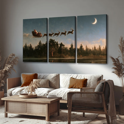 Santa sleigh at dusk painting 3 piece canvas wall art in a rustic living room
