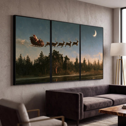 Santa sleigh at dusk painting 3 piece canvas wall art in a modern living room
