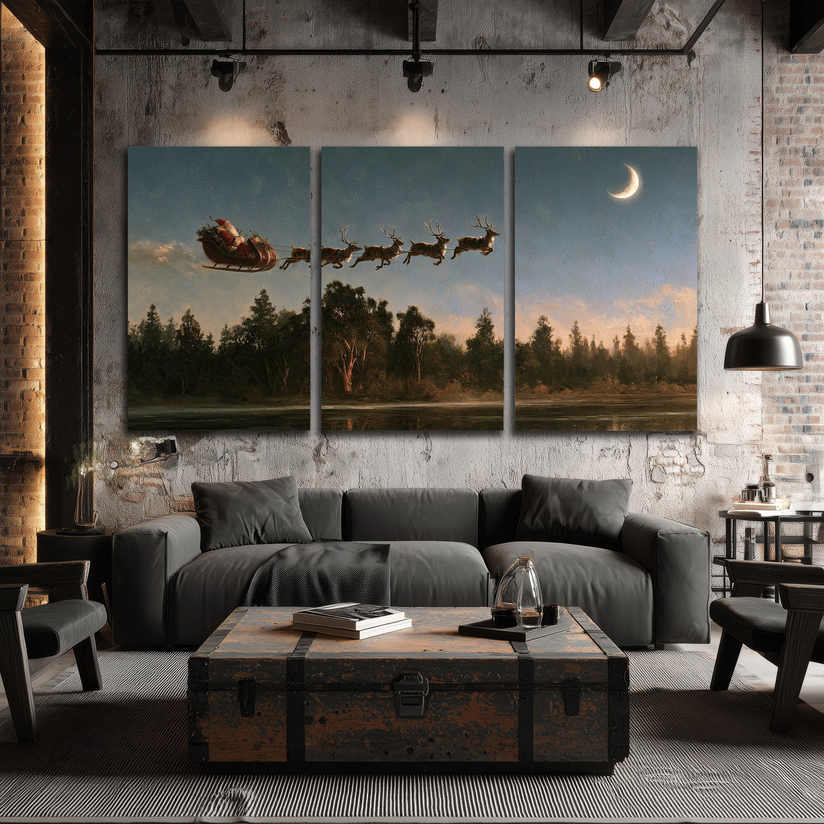 Santa sleigh at dusk painting 3 piece canvas wall art in an industrial loft
