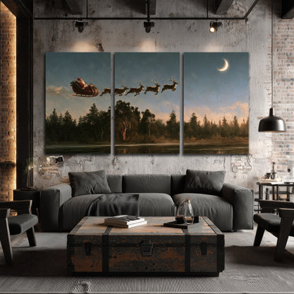 Santa sleigh at dusk painting 3 piece canvas wall art in an industrial loft