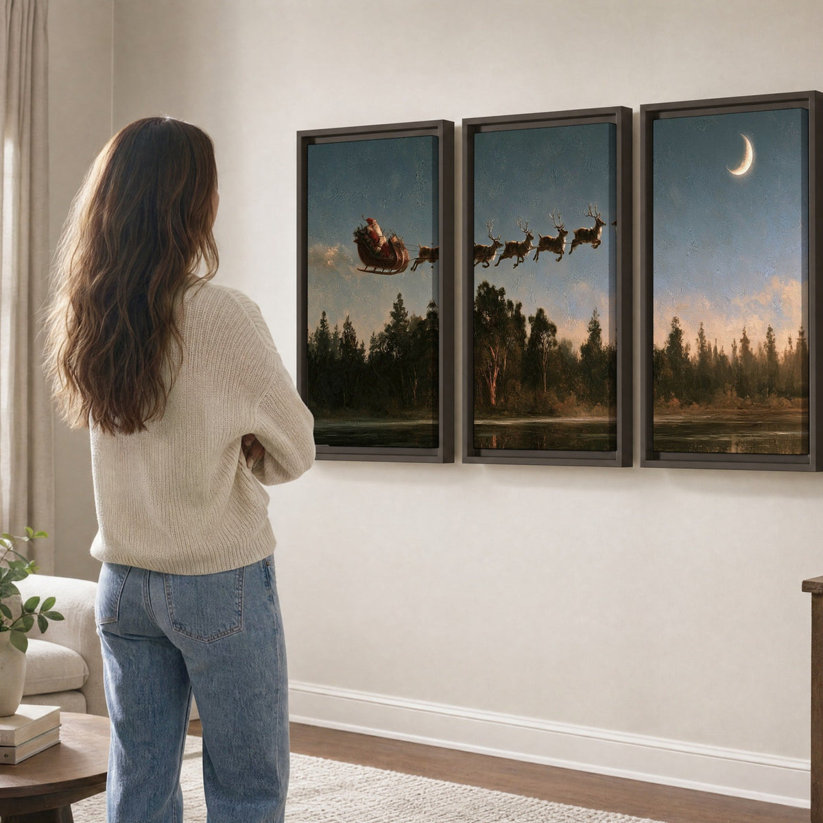 Santa sleigh at dusk painting 3 piece framed canvas in a living room