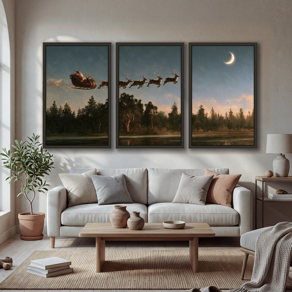 Santa sleigh at dusk painting 3 piece framed canvas in a bright living room