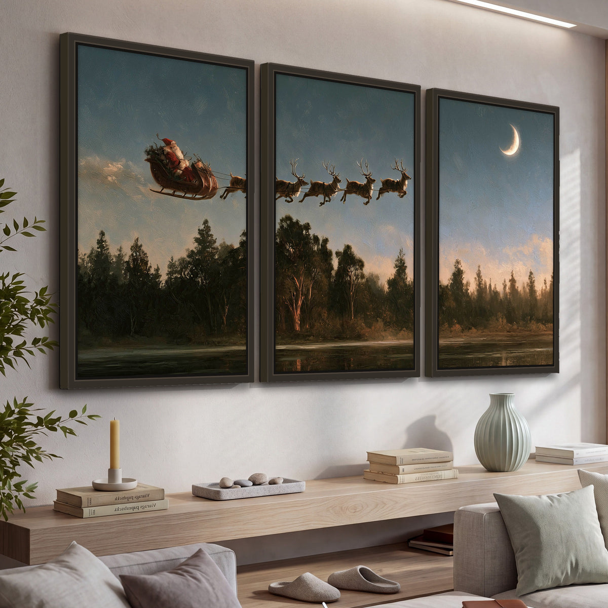 Santa sleigh at dusk painting 3 piece framed canvas in a living room above a console