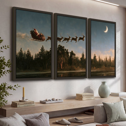 Santa sleigh at dusk painting 3 piece framed canvas in a living room above a console