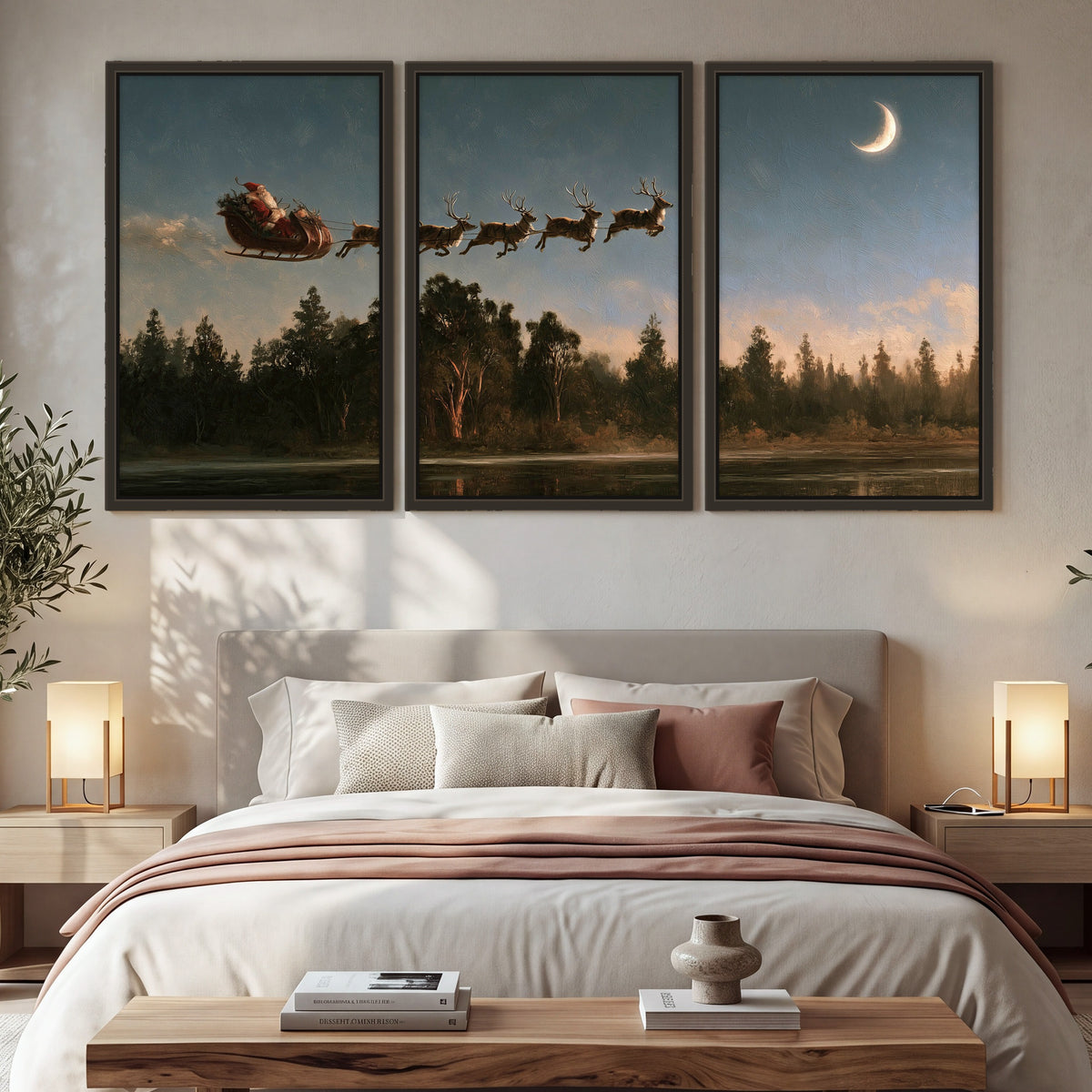 Santa sleigh at dusk painting 3 piece framed canvas in a bedroom above the bed