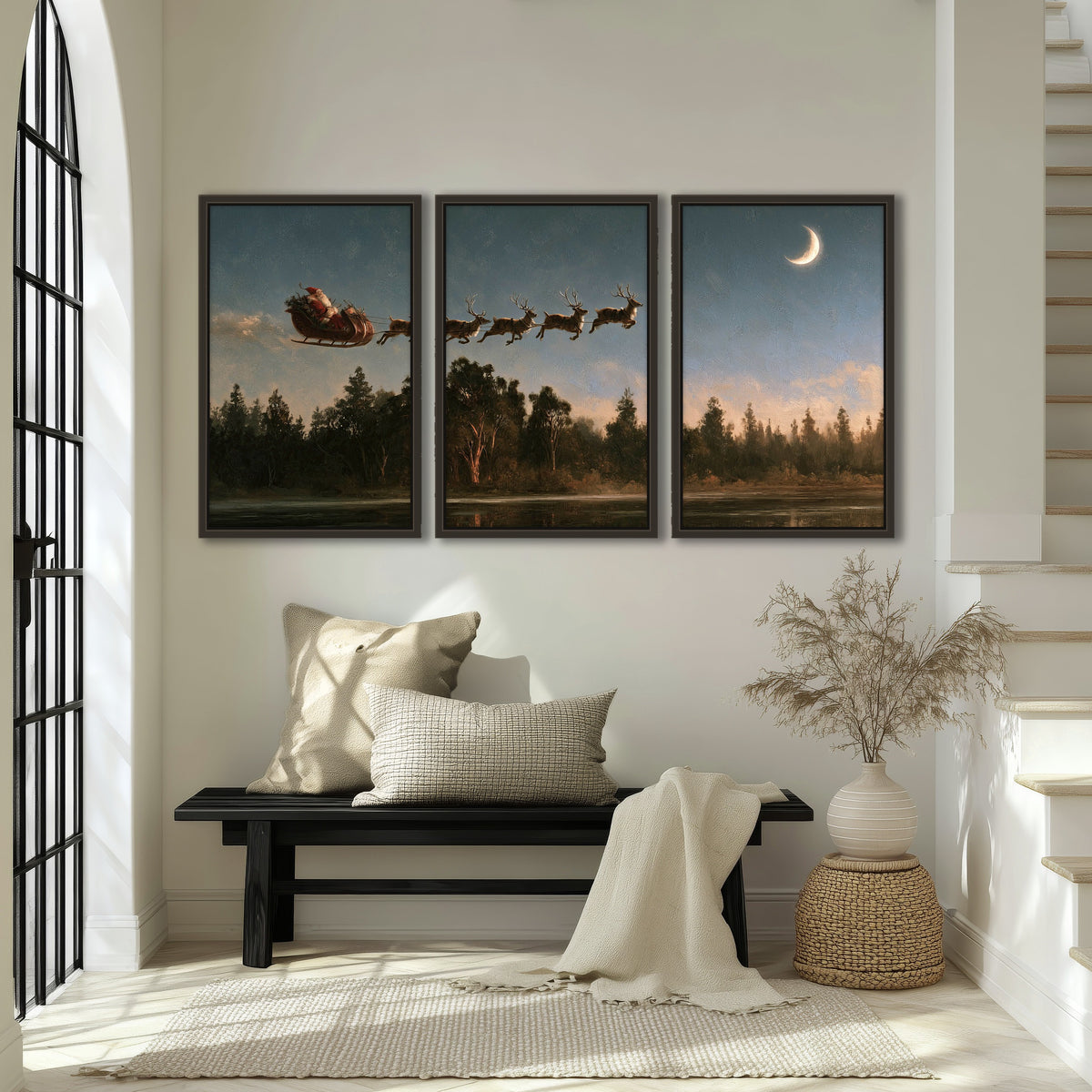 Santa sleigh at dusk painting 3 piece framed canvas in an entryway above a bench