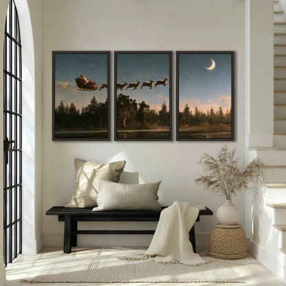 Santa sleigh at dusk painting 3 piece framed canvas in an entryway above a bench